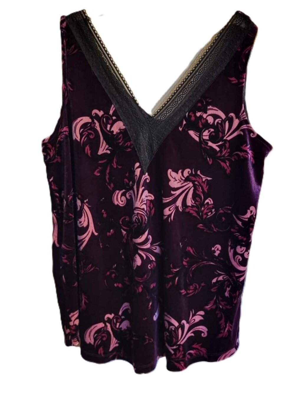 Velvet v-neck, sleeveless dark plum floral shirt with lace trim - 1X